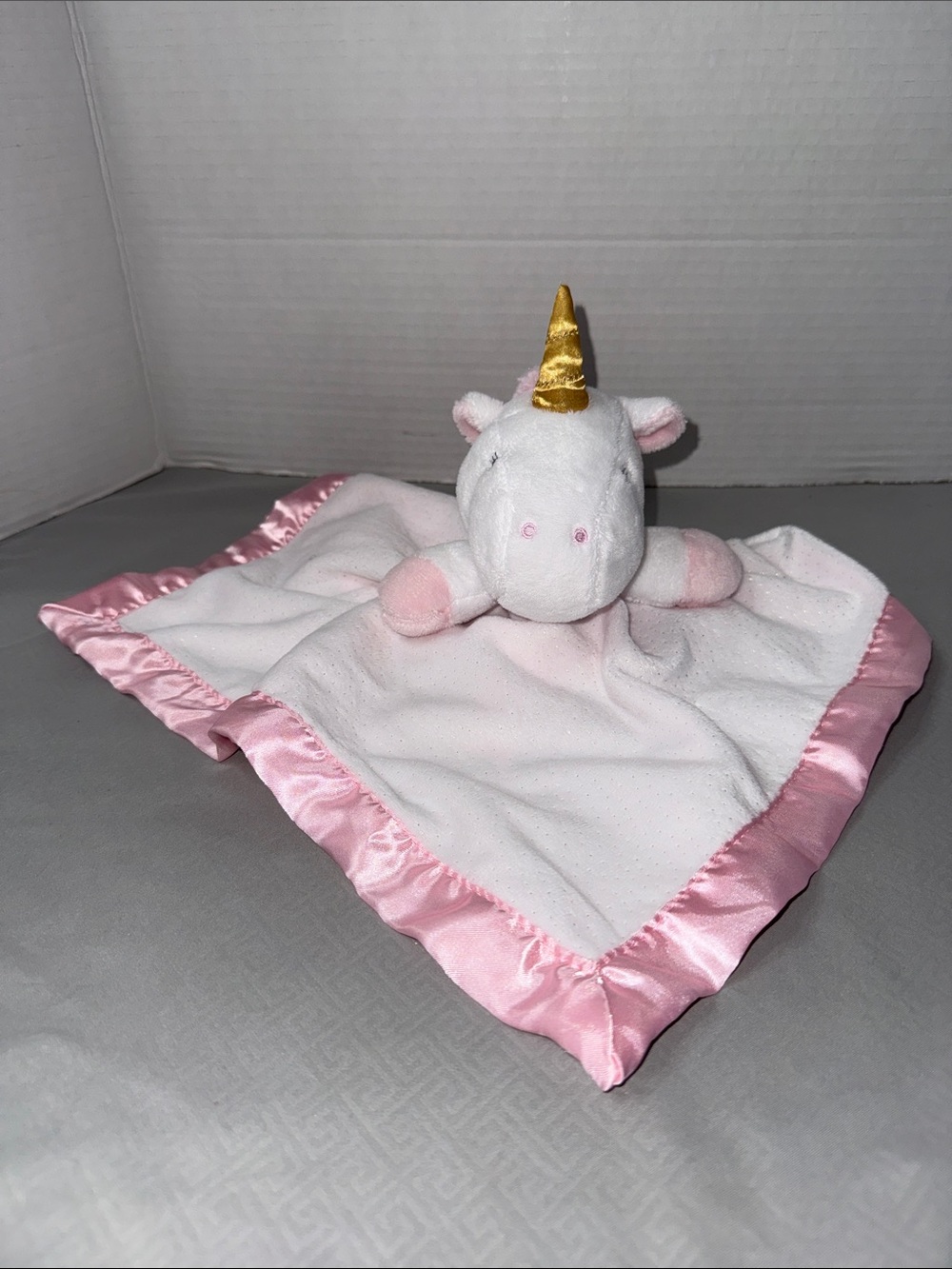 Cloud Island White & Pink Unicorn Lovey Gold Horn Satin Edging Security Blanket